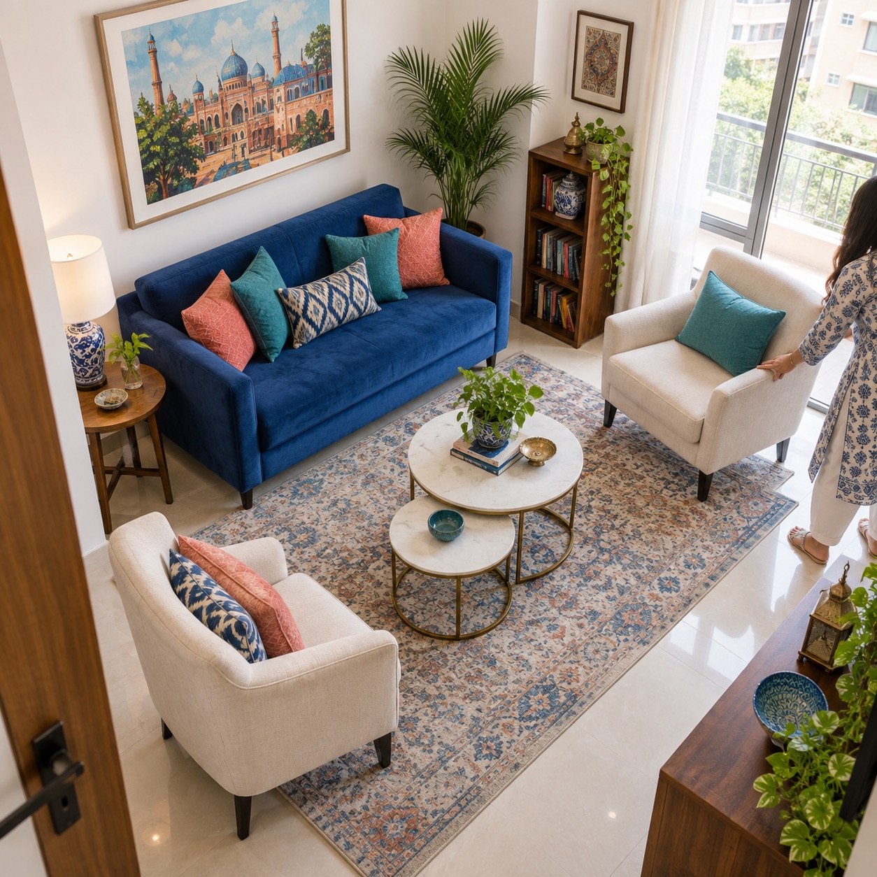 A compact living room with a clear walking path and carefully arranged seating