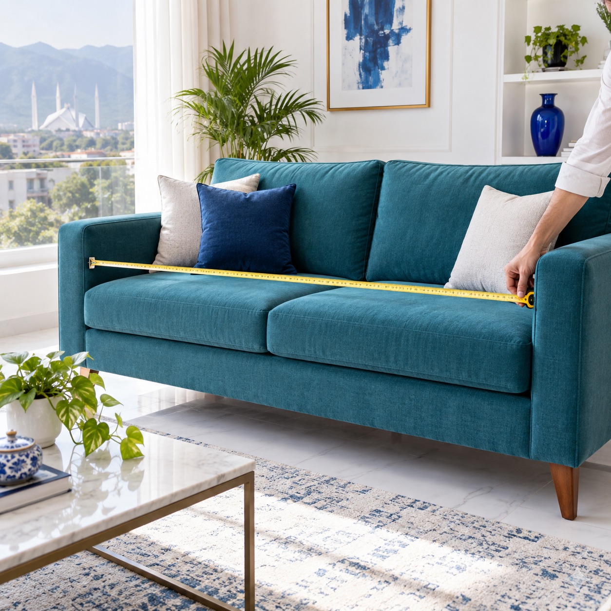 A teal sofa being measured across its width