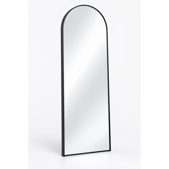 Full-length arched floor mirror in matte black metal frame, front view