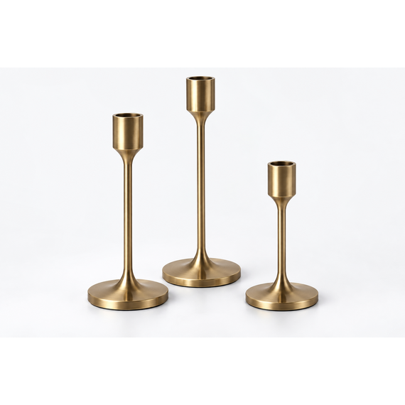 Three candle holders in antique brass finish, shown at varying heights on a clean white background.