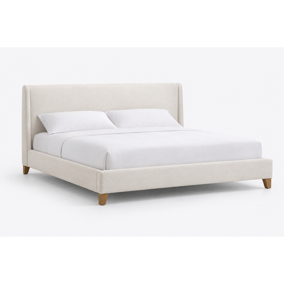 Rayan king bed with upholstered headboard in front three-quarter view