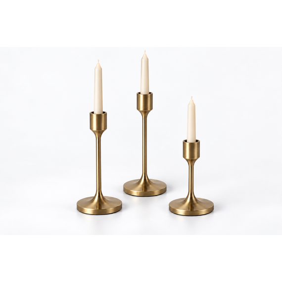 Three metal candle holders shown holding white taper candles; candles are styling props and inclusion is unconfirmed.