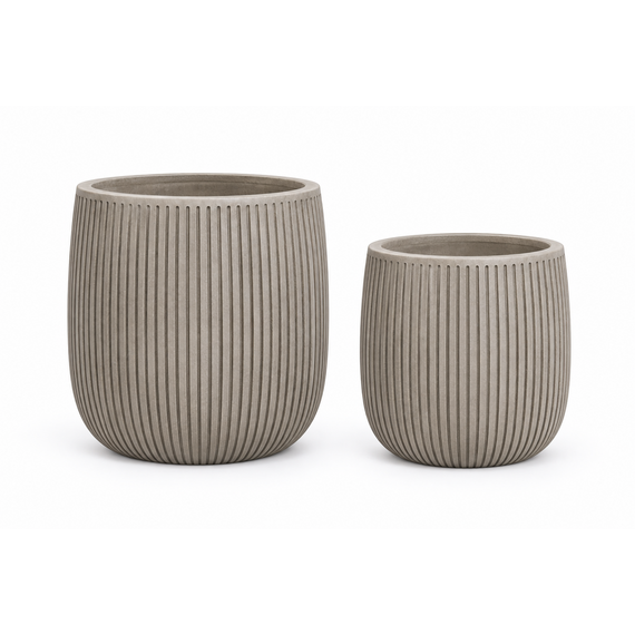 Pair of ribbed warm-grey planters shown from the front on a white background.