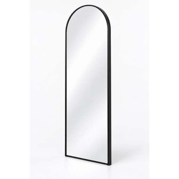Side view of Halo arched floor mirror showing slim black metal frame