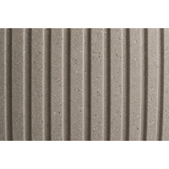 Macro detail of the ribbed warm-grey planter surface.