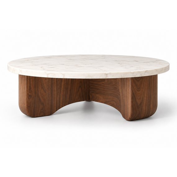 Side view of the round coffee table showing the wood base