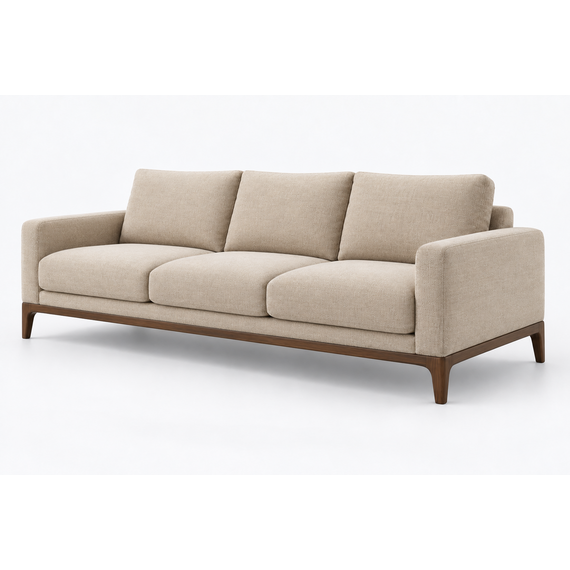 Close detail of the Ayla sofa woven upholstery and wood leg