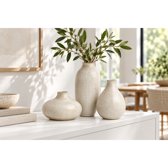 Riva Ceramic Vase Trio styled on a living-room console