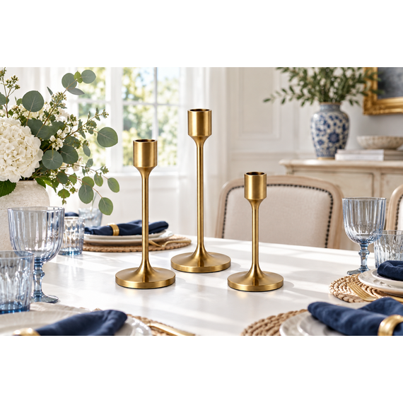 Three candle holders styled together on a dining table.